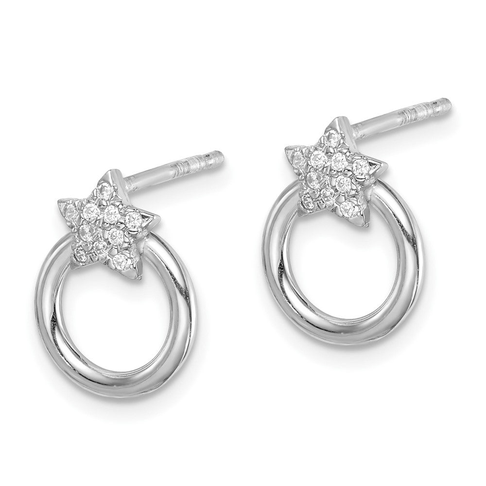 Sterling Silver Rhodium-Plated Cz Star And Circle Post Earrings