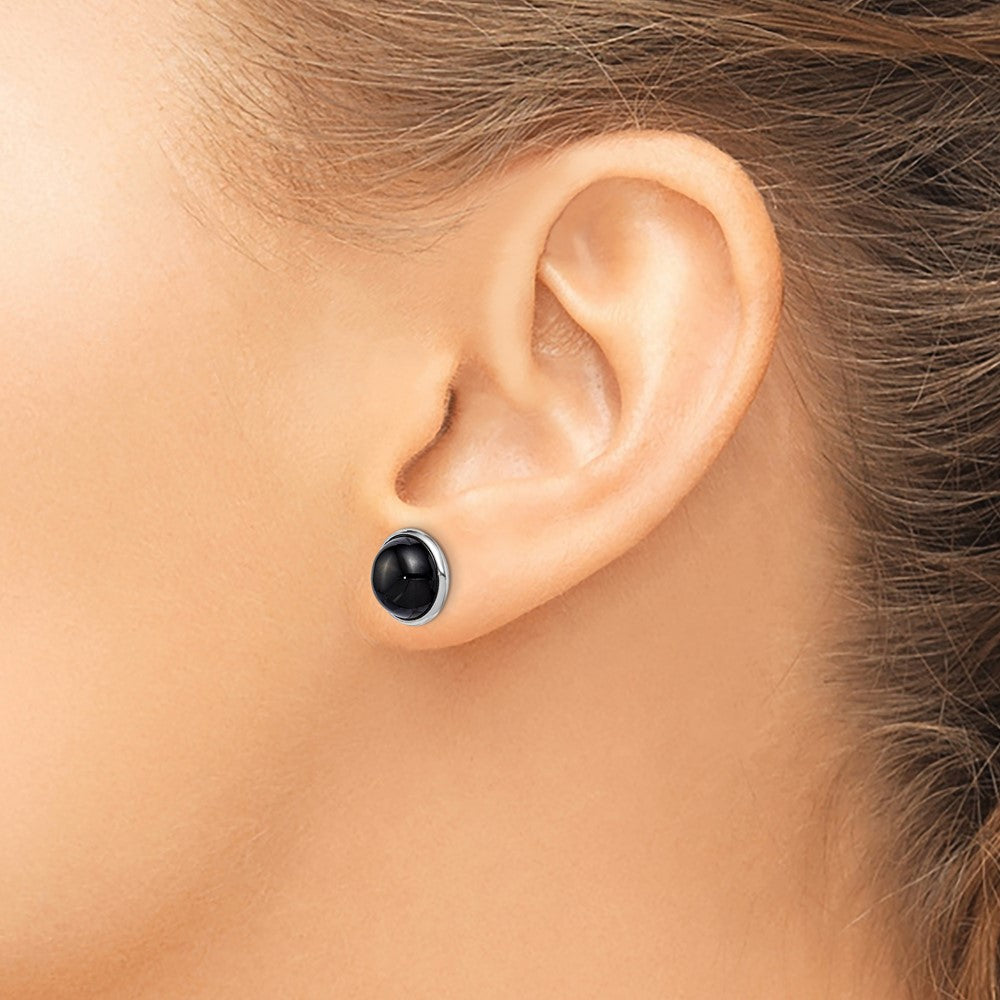 Sterling Silver Rhod-Plated Polished 10mm Onyx Cabochon Post Earrings