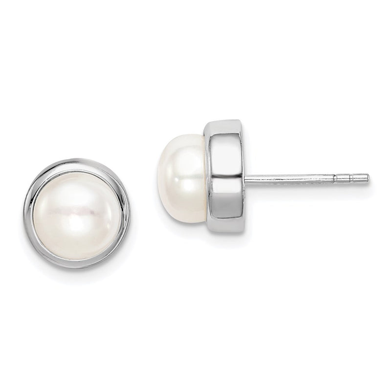 Sterling Silver Rhod-Plat 7-8mm White Button Fwc Pearl Earrings