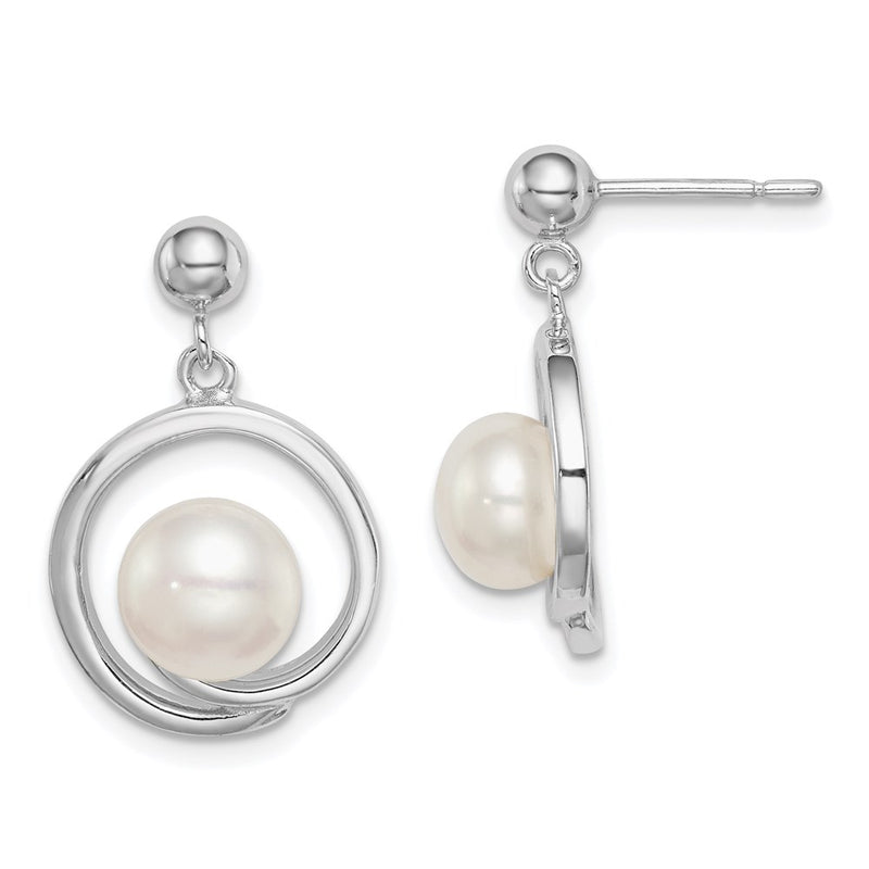 Sterling Silver Rhodium-Plated 7-8mm White Button Fwc Pearl Earrings