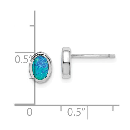 Sterling Silver Rh-Plated Polished Blue Created Opal Oval Stud Earrings