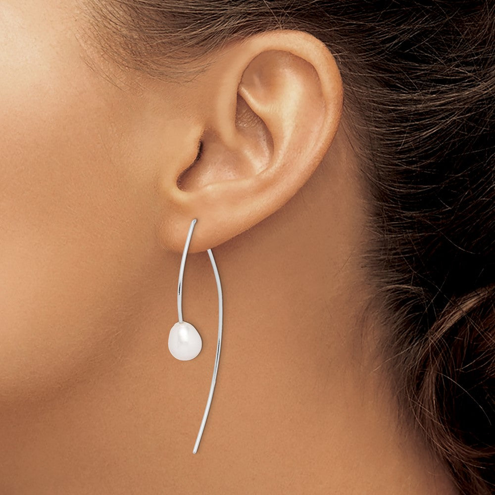 Sterling Silver Rhodium-Plated Polished White 8-9mm Freshwater Cultured Pearl Threader Earrings