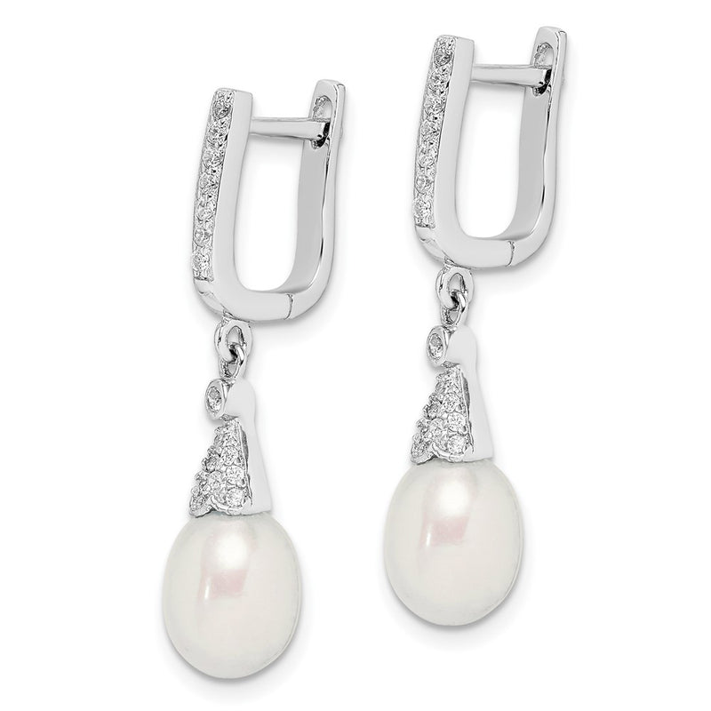 Sterling Silver Rhodium-Plated 7-8mm White Rice Fwc Pearl Cz Earrings