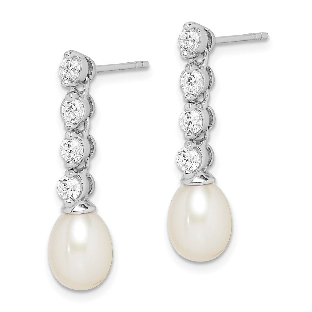 Sterling Silver Rhodium-Plated 7-8mm White Rice Fwc Pearl Cz Earrings