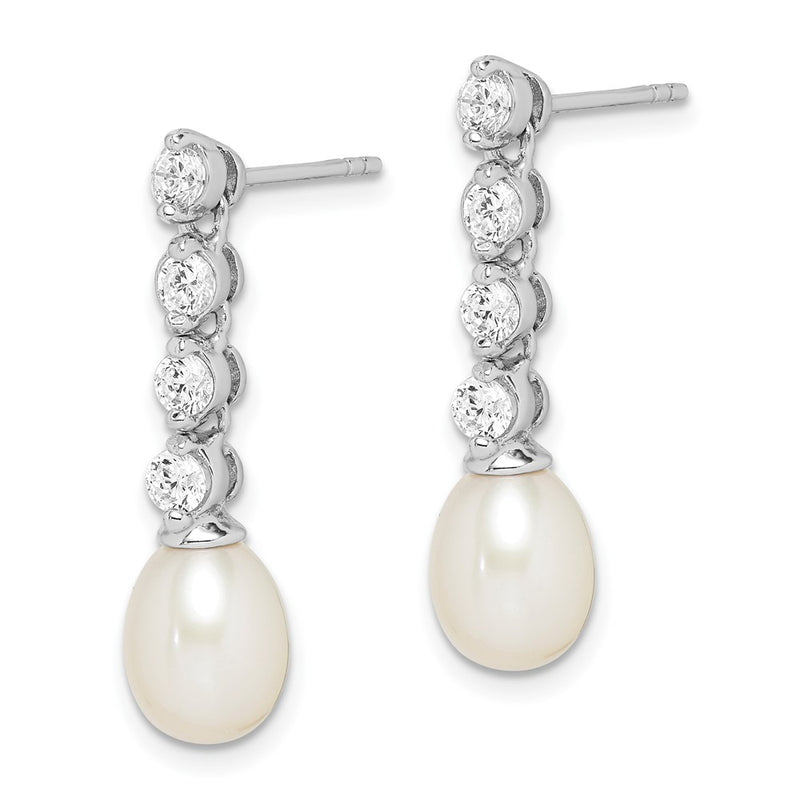 Sterling Silver Rhodium-Plated 7-8mm White Rice Fwc Pearl Cz Earrings