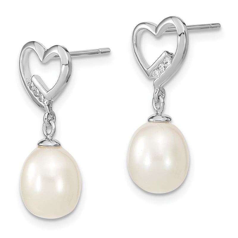 Sterling Silver Rhodium-Plated 7-8mm Rice Fwc Pearl Cz Heart Earrings
