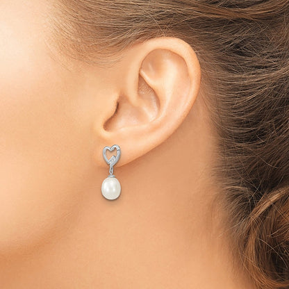 Sterling Silver Rhodium-Plated 7-8mm Rice Fwc Pearl Cz Heart Earrings