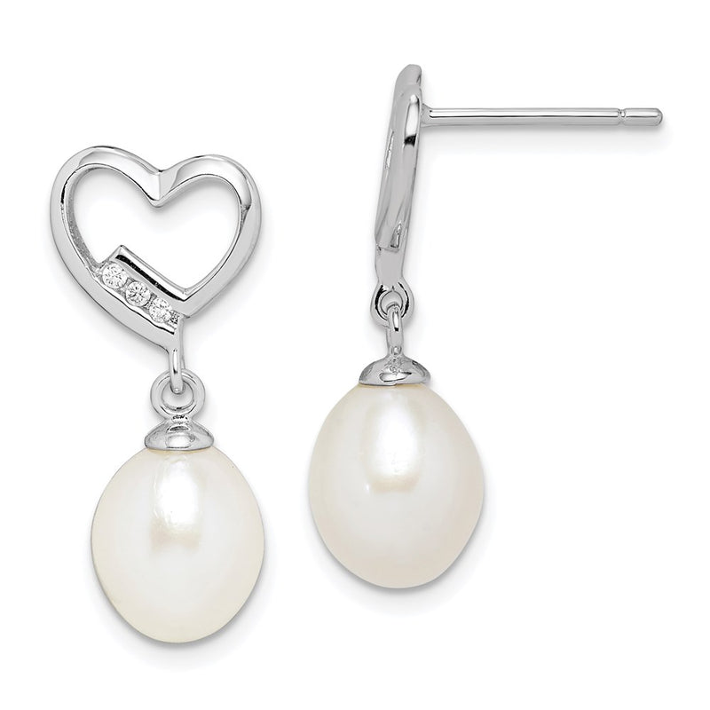 Sterling Silver Rhodium-Plated 7-8mm Rice Fwc Pearl Cz Heart Earrings