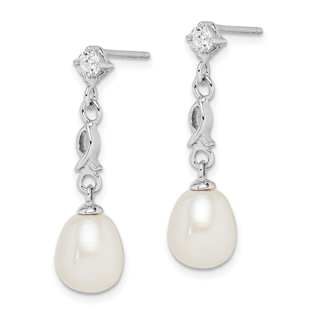 Sterling Silver Rhodium-Plated 7-8mm White Rice Fwc Pearl Cz Earrings