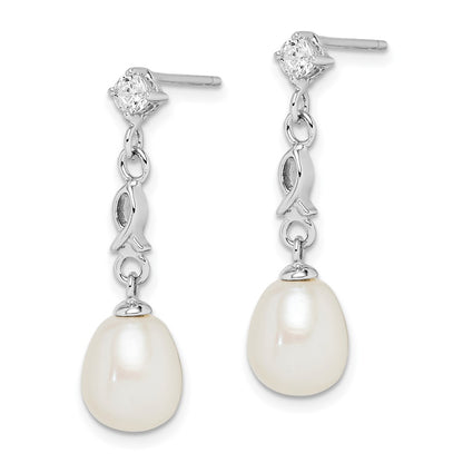 Sterling Silver Rhodium-Plated 7-8mm White Rice Fwc Pearl Cz Earrings