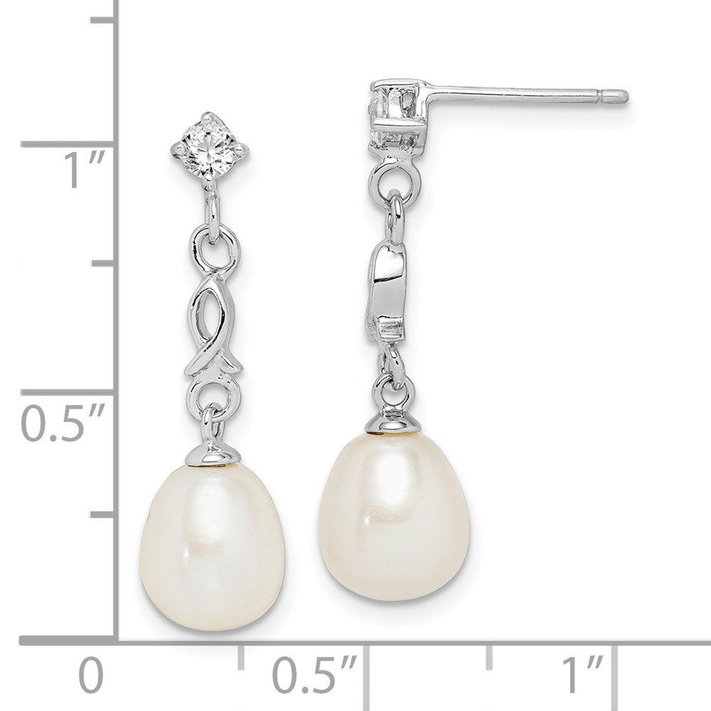 Sterling Silver Rhodium-Plated 7-8mm White Rice Fwc Pearl Cz Earrings