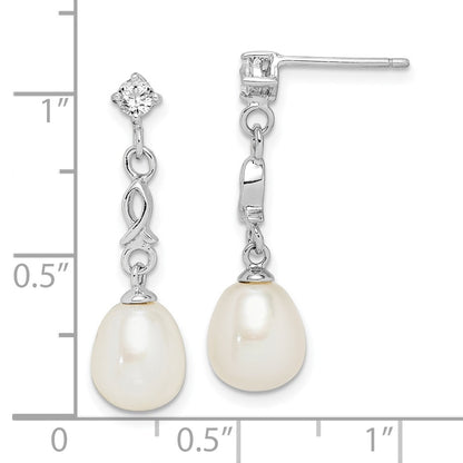 Sterling Silver Rhodium-Plated 7-8mm White Rice Fwc Pearl Cz Earrings