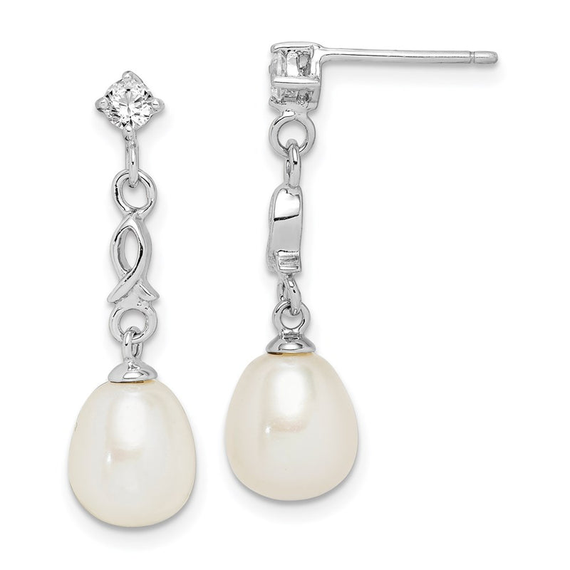 Sterling Silver Rhodium-Plated 7-8mm White Rice Fwc Pearl Cz Earrings