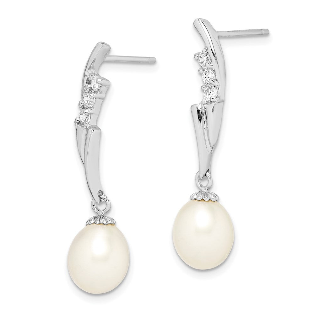 Sterling Silver Rhodium-Plated 7-8mm White Rice Fwc Pearl Cz Earrings