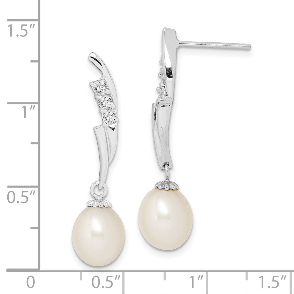 Sterling Silver Rhodium-Plated 7-8mm White Rice Fwc Pearl Cz Earrings
