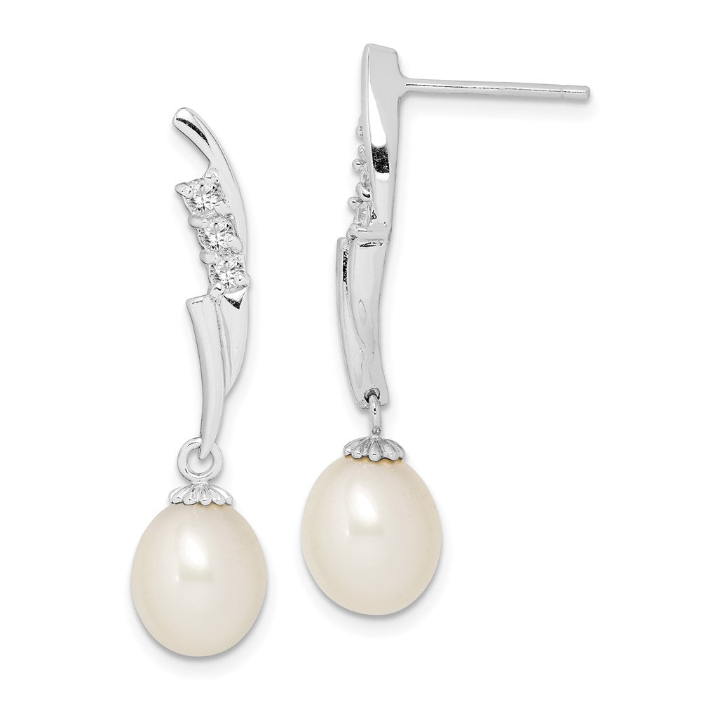 Sterling Silver Rhodium-Plated 7-8mm White Rice Fwc Pearl Cz Earrings