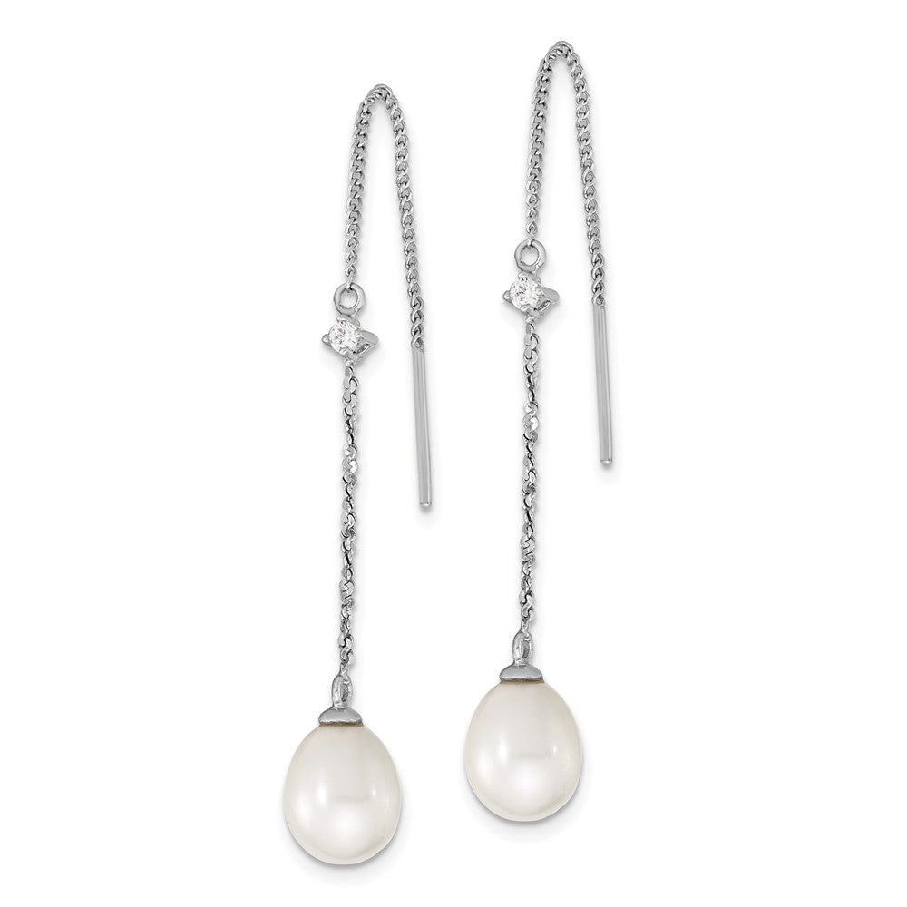 Sterling Silver Rhodium-Plated Polished White 7-8mm Freshwater Cultured Pearl & Cz Threader Earrings
