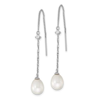 Sterling Silver Rhodium-Plated Polished White 7-8mm Freshwater Cultured Pearl & Cz Threader Earrings