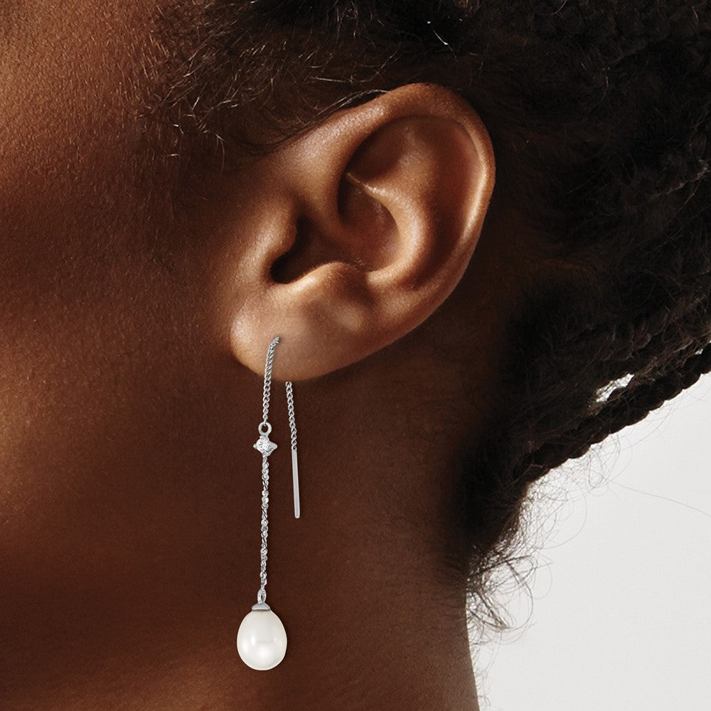 Sterling Silver Rhodium-Plated Polished White 7-8mm Freshwater Cultured Pearl & Cz Threader Earrings