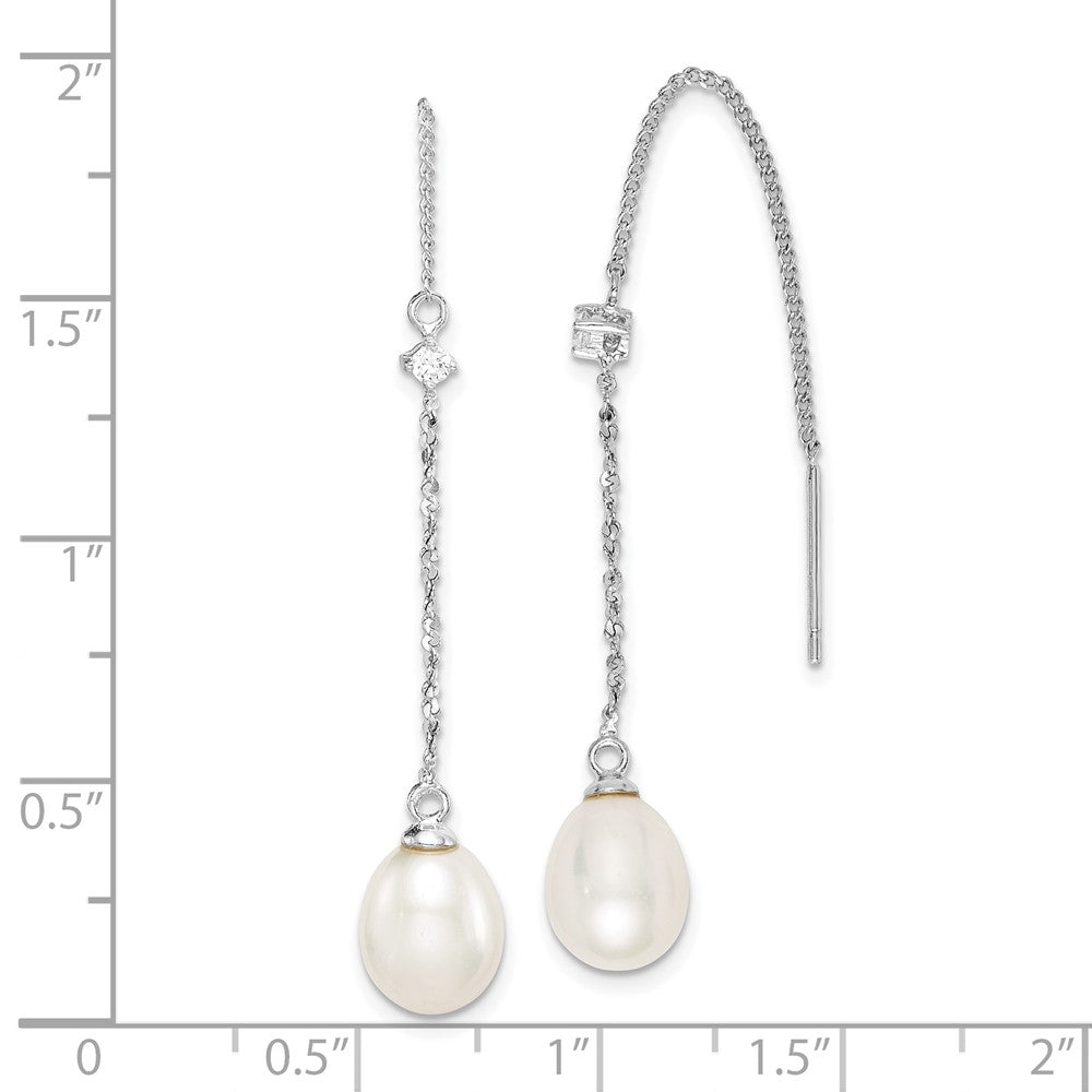 Sterling Silver Rhodium-Plated Polished White 7-8mm Freshwater Cultured Pearl & Cz Threader Earrings