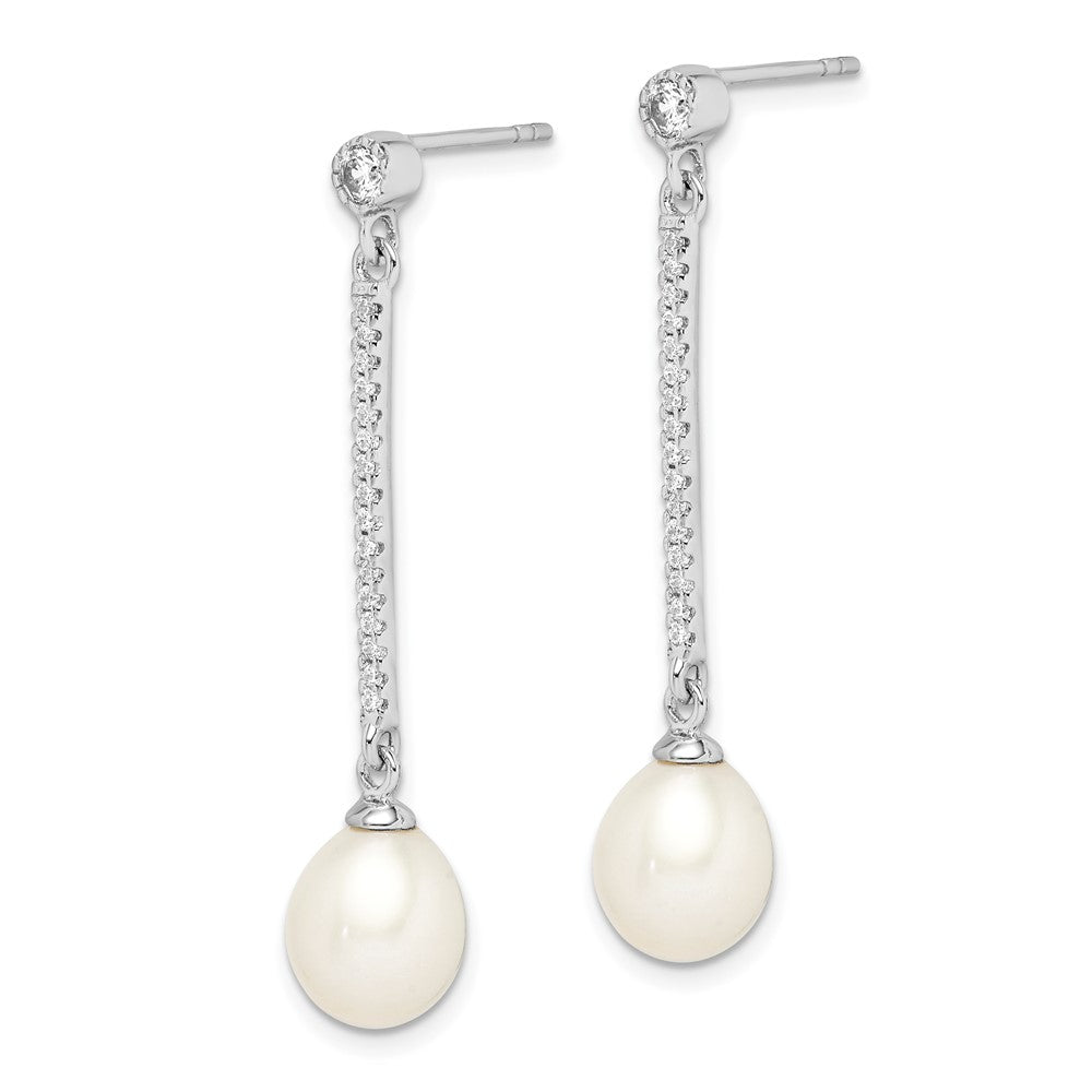 Sterling Silver Rhodium-Plated 8-9mm White Rice Fwc Pearl Cz Earrings