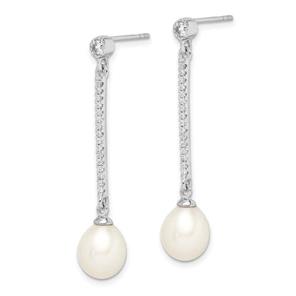 Sterling Silver Rhodium-Plated 8-9mm White Rice Fwc Pearl Cz Earrings