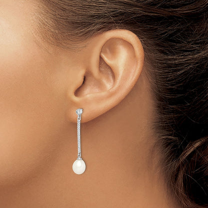 Sterling Silver Rhodium-Plated 8-9mm White Rice Fwc Pearl Cz Earrings