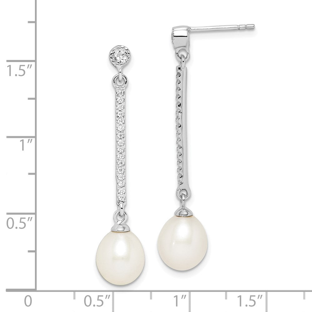 Sterling Silver Rhodium-Plated 8-9mm White Rice Fwc Pearl Cz Earrings