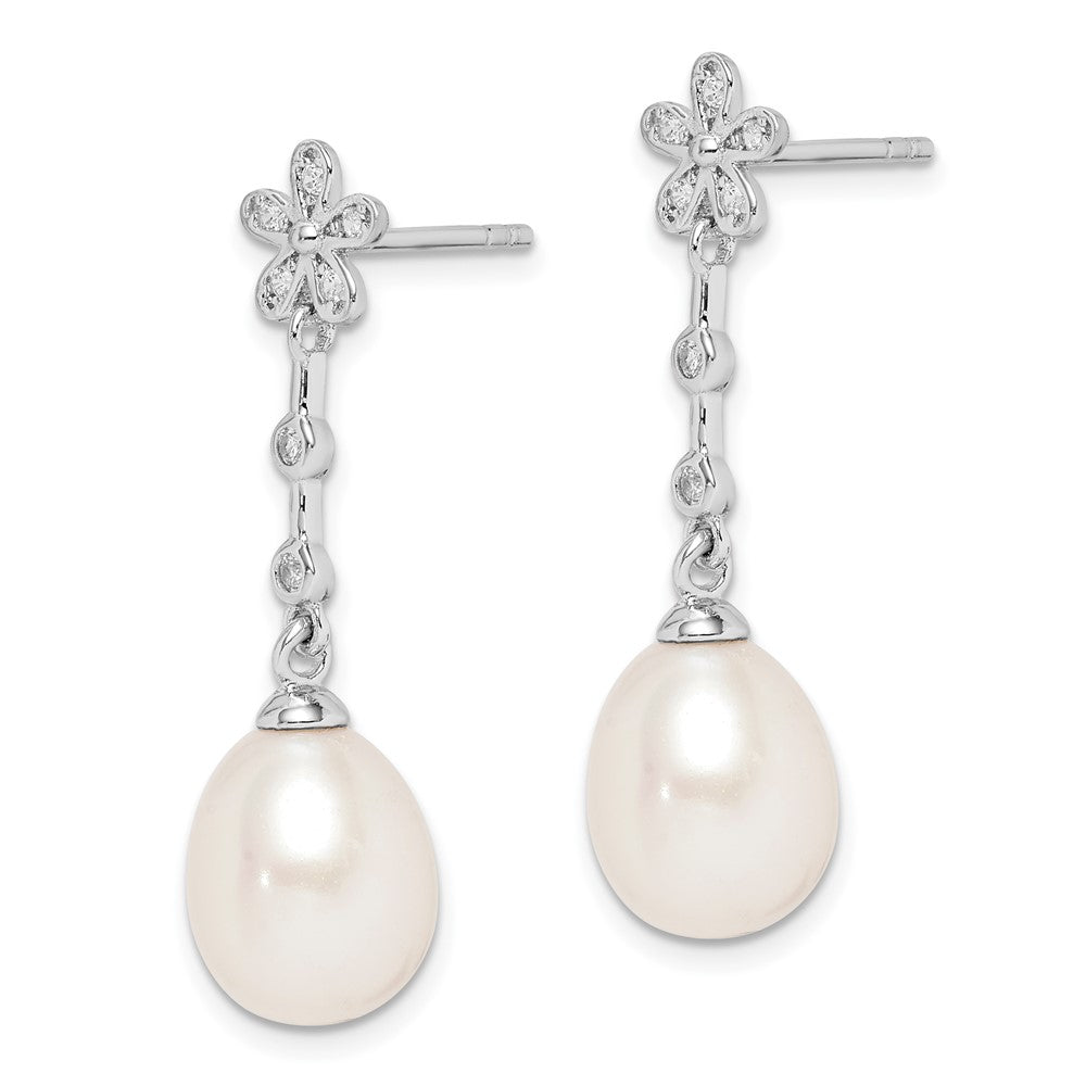 Sterling Silver Rhodium-Plated 8-9mm White Rice Fwc Pearl Cz Earrings
