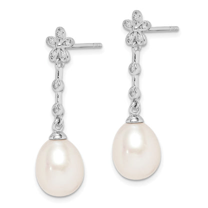 Sterling Silver Rhodium-Plated 8-9mm White Rice Fwc Pearl Cz Earrings