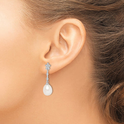 Sterling Silver Rhodium-Plated 8-9mm White Rice Fwc Pearl Cz Earrings