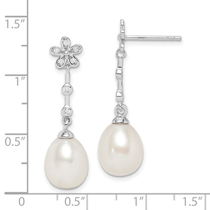 Sterling Silver Rhodium-Plated 8-9mm White Rice Fwc Pearl Cz Earrings