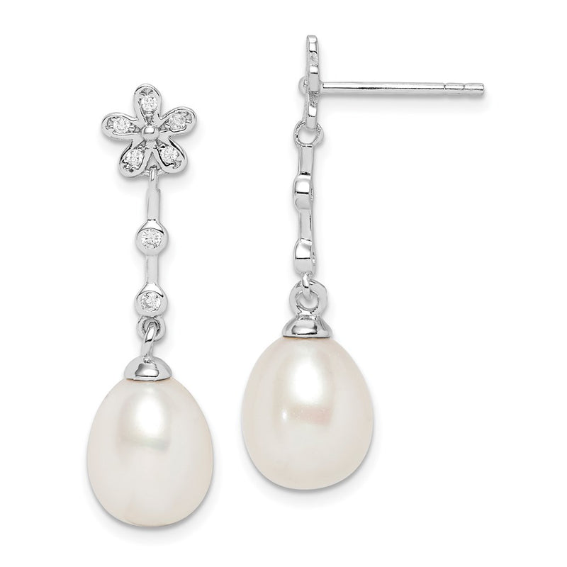 Sterling Silver Rhodium-Plated 8-9mm White Rice Fwc Pearl Cz Earrings