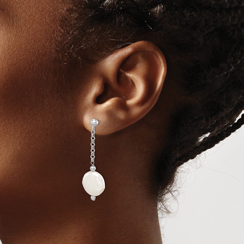 Sterling Silver Rhod-Plated 12-13 Coin Fwc Pearl Dangle Earrings