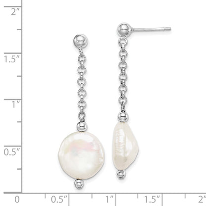 Sterling Silver Rhod-Plated 12-13 Coin Fwc Pearl Dangle Earrings