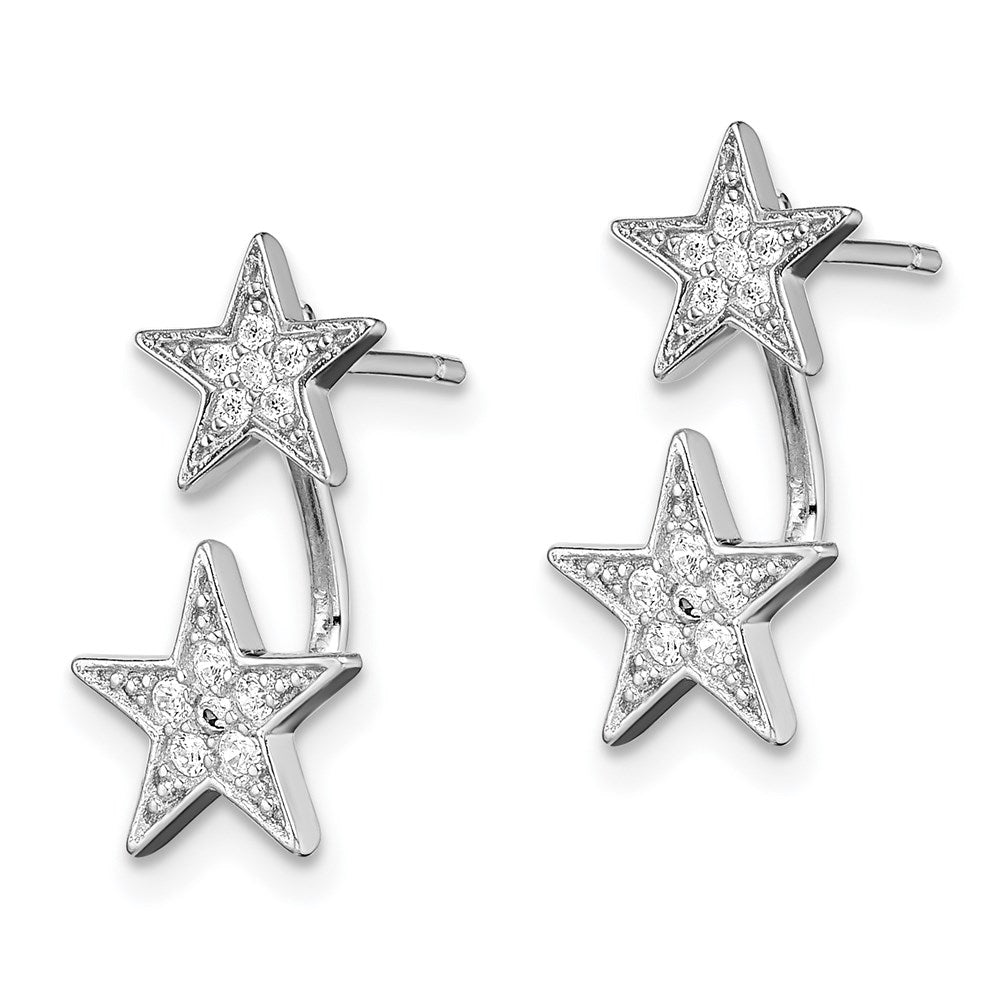 Sterling Silver Rhodium Plated Cz Star Front And Back Post Earrings