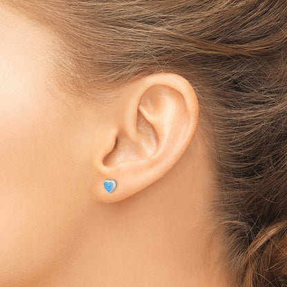 Sterling Silver Rhodium-Plated 6mm Blue Created Opal Heart Post Earrings