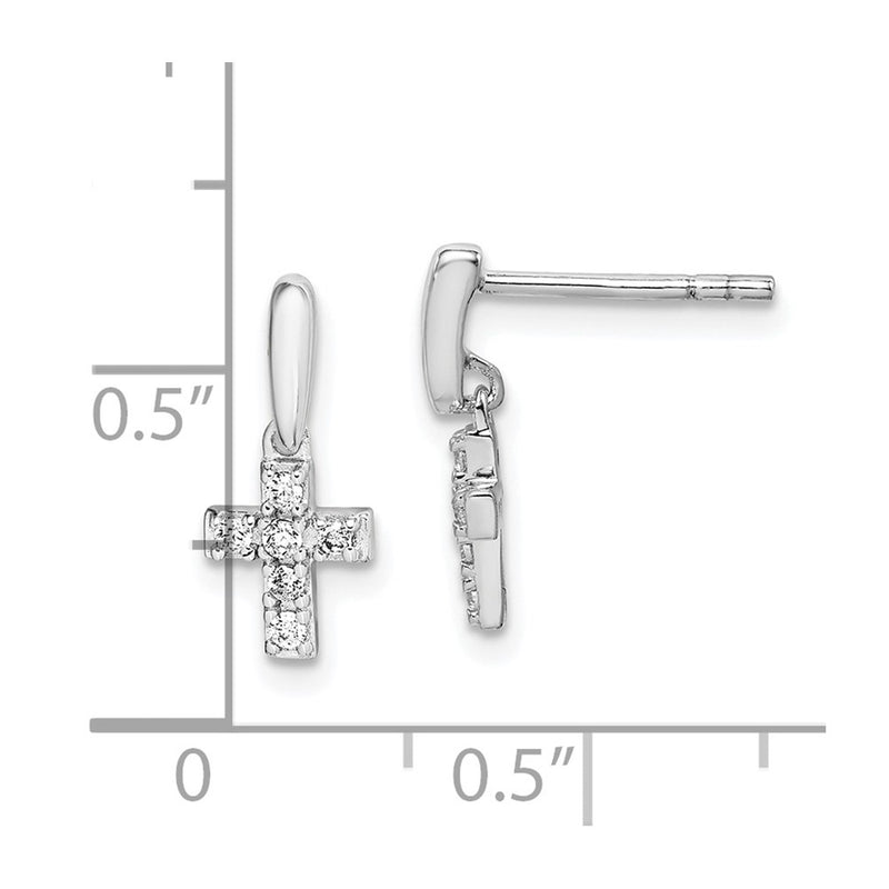 Sterling Silver Rhodium-Plated Polished Cz Cross Post Dangle Earrings