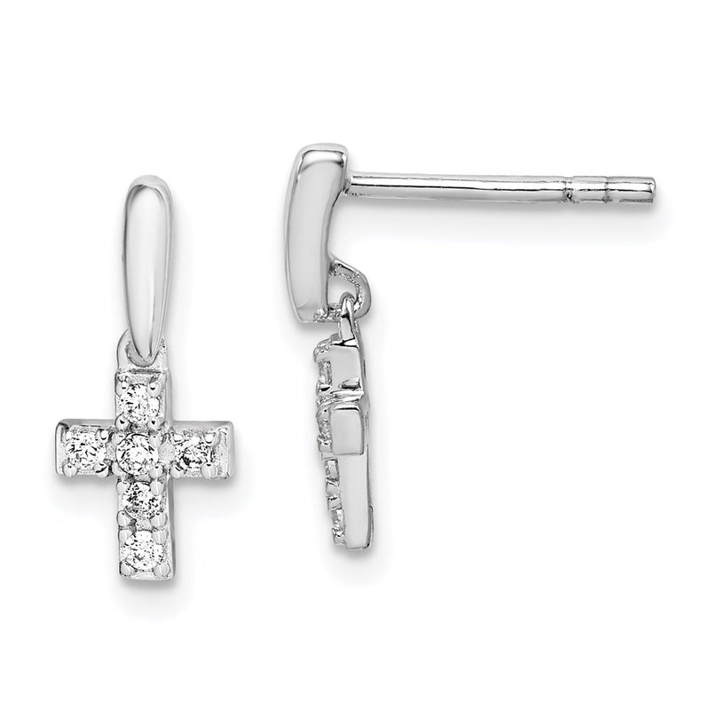 Sterling Silver Rhodium-Plated Polished Cz Cross Post Dangle Earrings