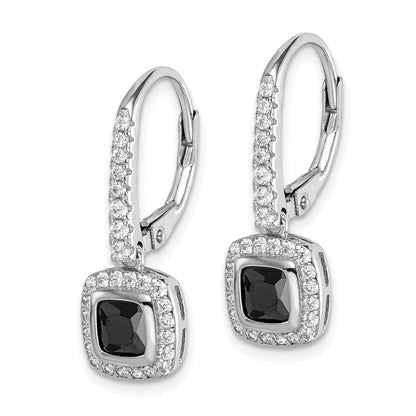 Sterling Silver Rhodium-Plated Black & White Cz Halo Leverback Earrings