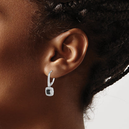 Sterling Silver Rhodium-Plated Black & White Cz Halo Leverback Earrings