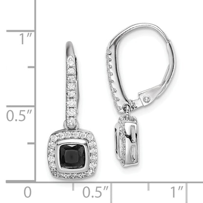 Sterling Silver Rhodium-Plated Black & White Cz Halo Leverback Earrings