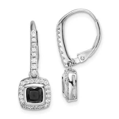 Sterling Silver Rhodium-Plated Black & White Cz Halo Leverback Earrings