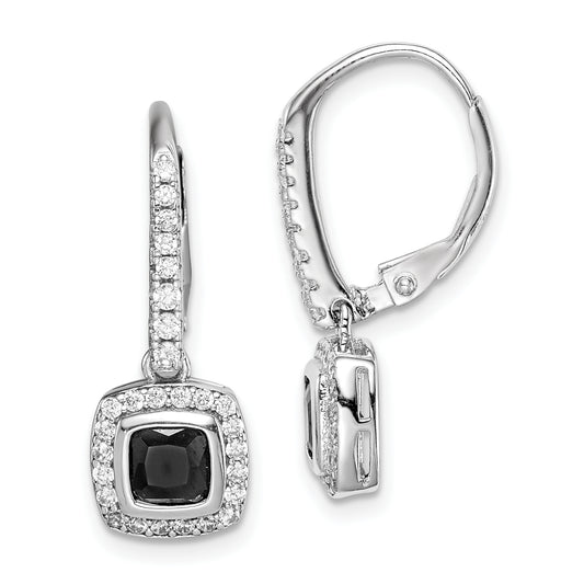 Sterling Silver Rhodium-Plated Black & White Cz Halo Leverback Earrings