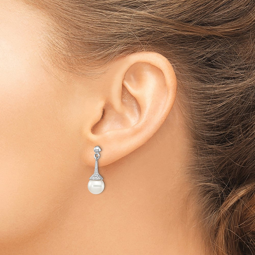 Sterling Silver Rhodium-Plated Cz And Imitation Shell Pearl Dangle Earrings