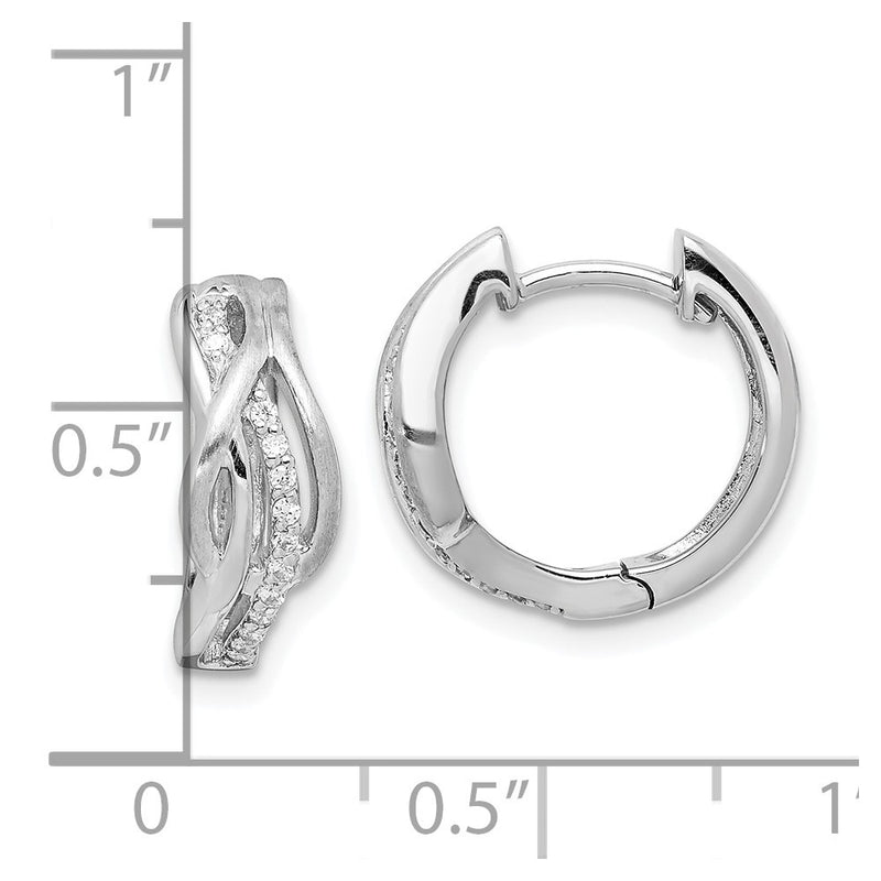 Sterling Silver Rhodium-Plated Satin Cz Swirl Hinged Hoop Earrings