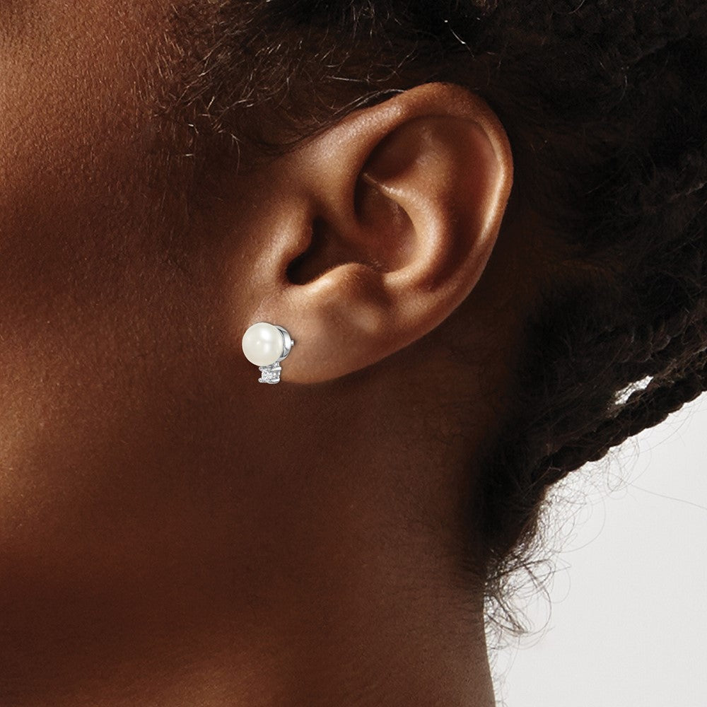 Sterling Silver Rhod-Plat 6-7mm White Button Fwc Pearl Cz Earrings