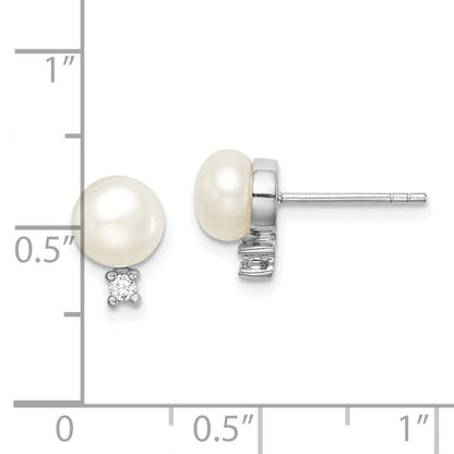 Sterling Silver Rhod-Plat 6-7mm White Button Fwc Pearl Cz Earrings