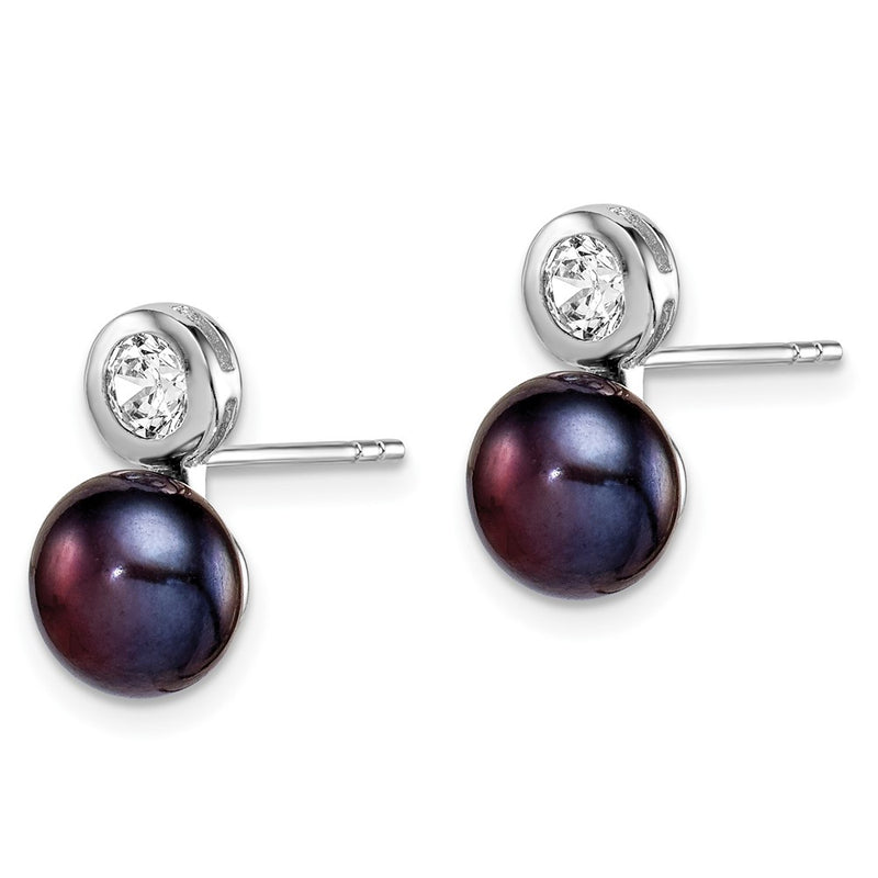 Sterling Silver Rhodium-Plated Polished 7-8mm Black Button Freshwater Cultured Pearl & Cz Post Earrings