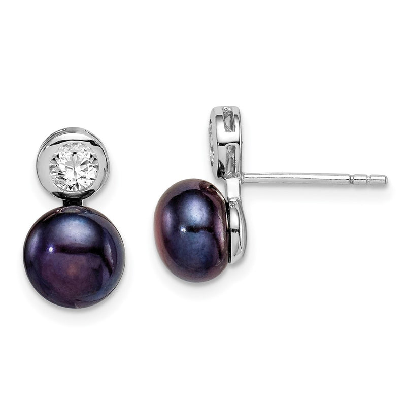 Sterling Silver Rhodium-Plated Polished 7-8mm Black Button Freshwater Cultured Pearl & Cz Post Earrings
